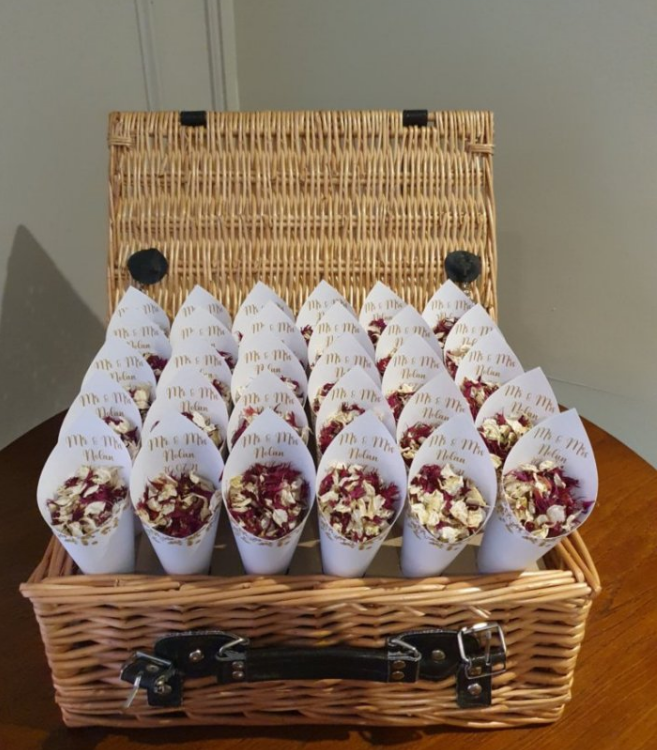 30 SHABBY CHIC CONES IN A BEAUTIFUL WICKER BASKET